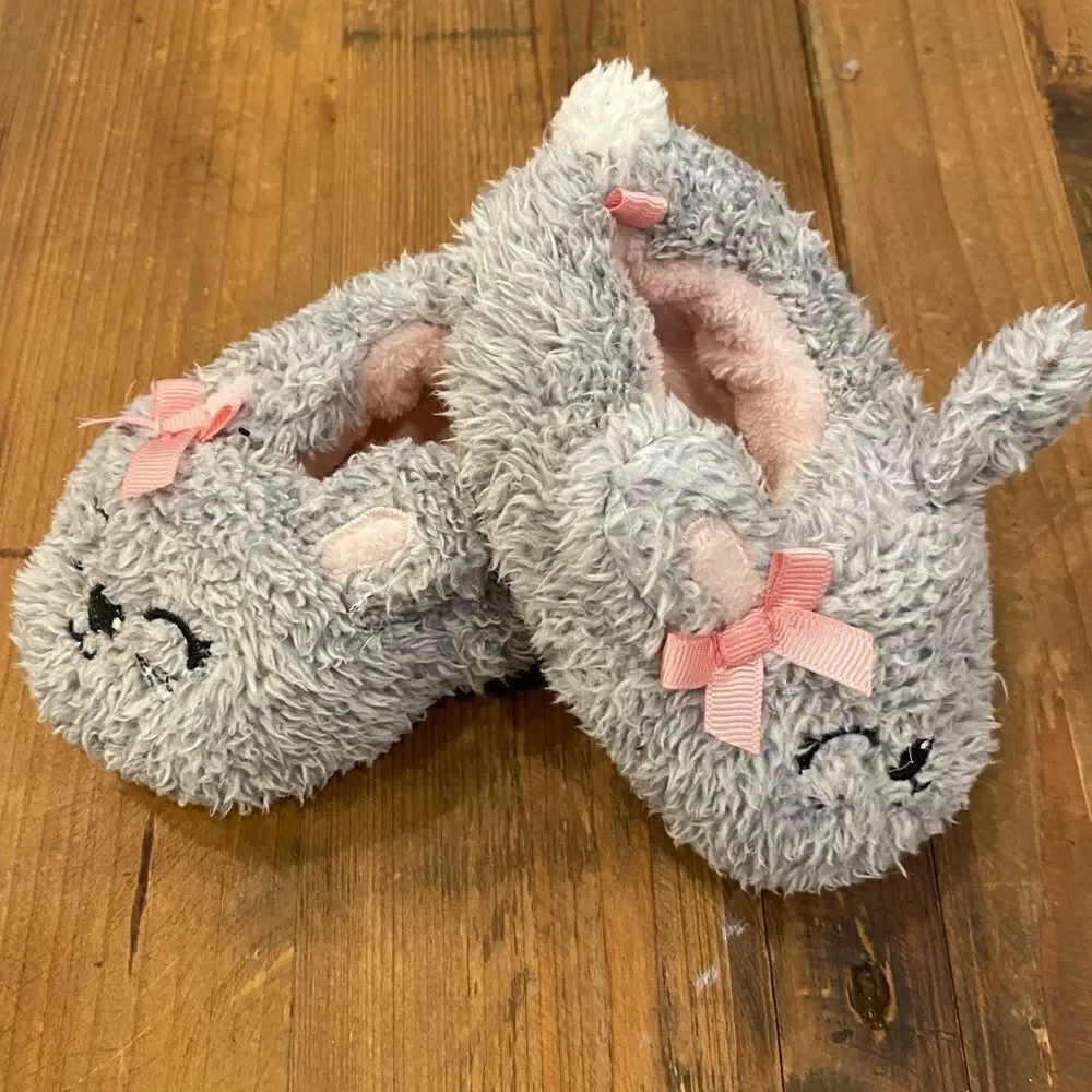 Fuzzy Bunny Slippers Gray Pink Accents Toddler Size 6